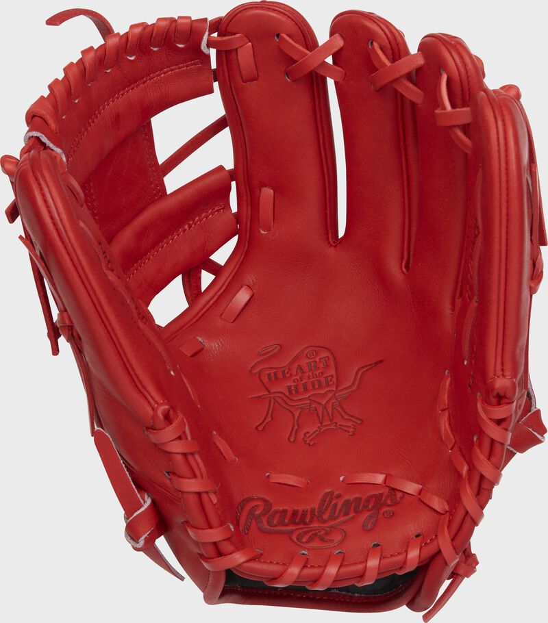 Palm of a scarlet Rawlings Heart of the Hide glove with scarlet laces - SKU: PRO204-2S