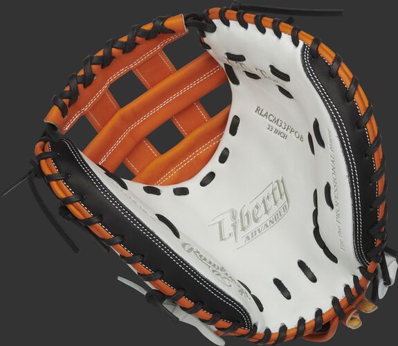 RLACM33FPOB Rawlings Liberty Advanced Color Series catcher's mitt with a white palm, orange web and black laces