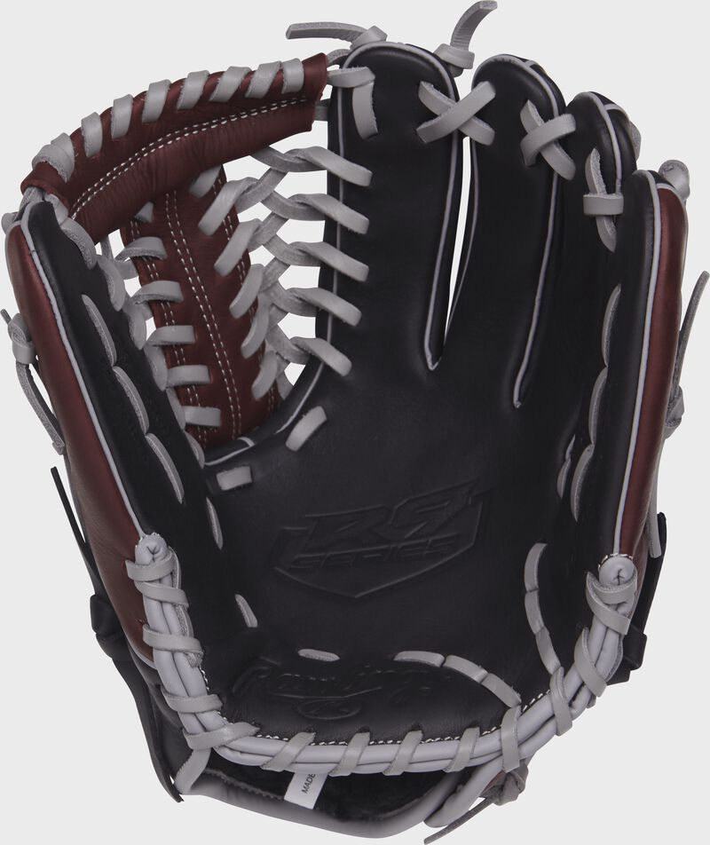 R9205-4BSG Rawlings R9 Series baseball glove with a black palm and grey laces