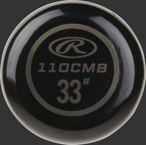 Black knob of a Rawlings Big Stick Elite wood composite bat with a grey Oval-R and 33" size - SKU: 110CMB