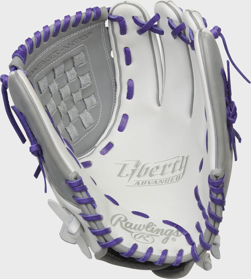 White palm of a Rawlings Liberty Advanced Color Series glove with purple laces - SKU: RLA120-3WPG
