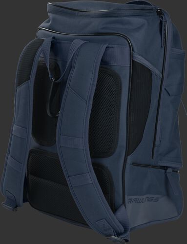 Back right view of a navy R701 Rawlings baseball backpack