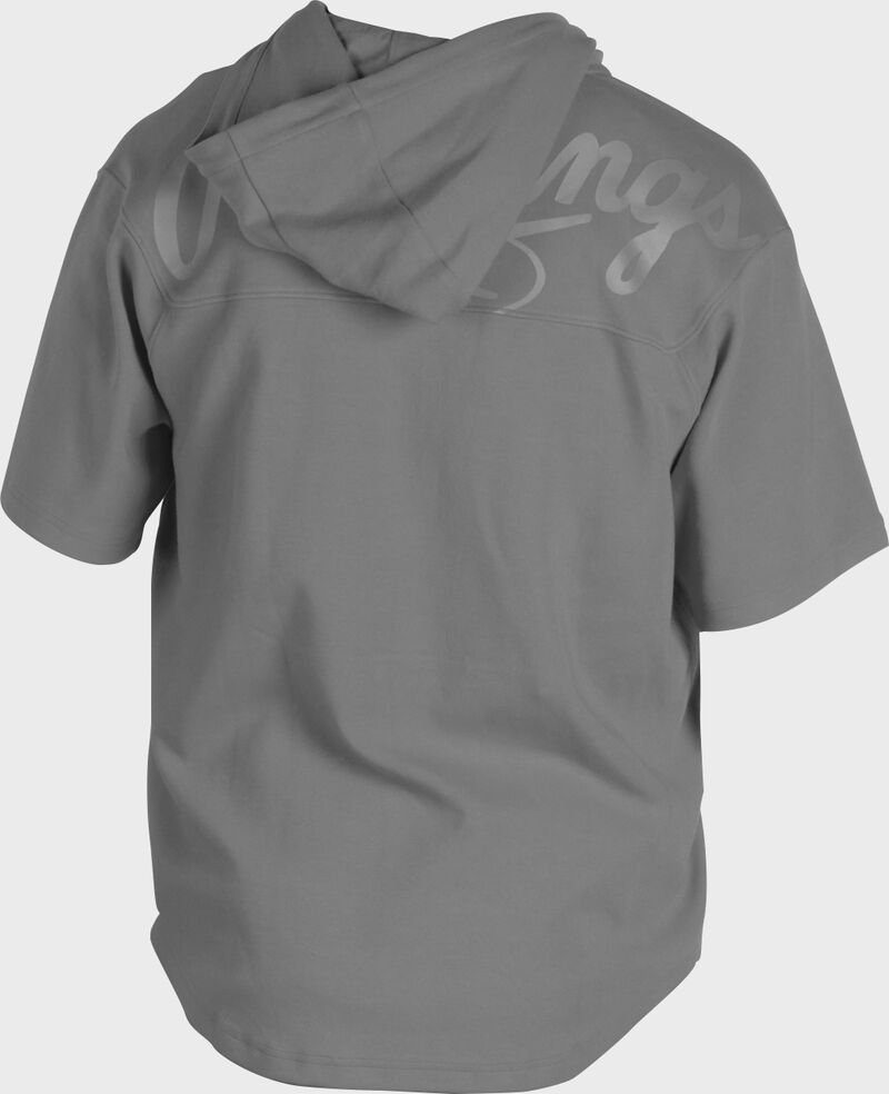 Back of a blue gray Rawlings Gold Collection short sleeve hoodie with a gray script Rawlings logo across the back - SKU: GJJ-BG