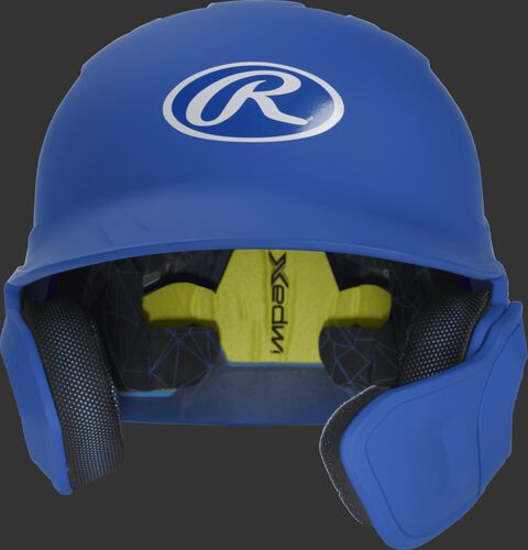 Front of a matte royal MACHEXTR high school/college Mach batting helmet with face guard extension for right hand batters