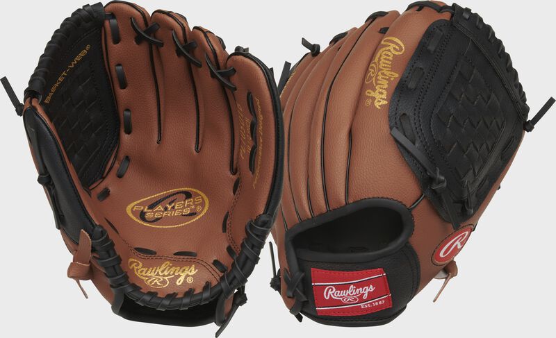 Two images showing the palm & back of a dark tan/black Players Series 10.5" baseball/softball glove