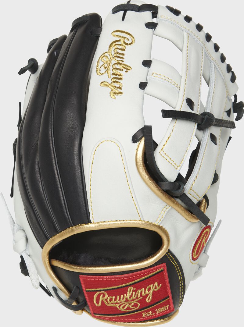 Shell back view of white, gold, and black Rawlings Encore 12.25-inch outfield glove