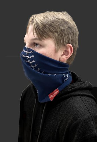 Side view of a kid wearing a navy youth multi-functional head and face gear cover with it covering his mouth/nose - SKU: YRC40001-400