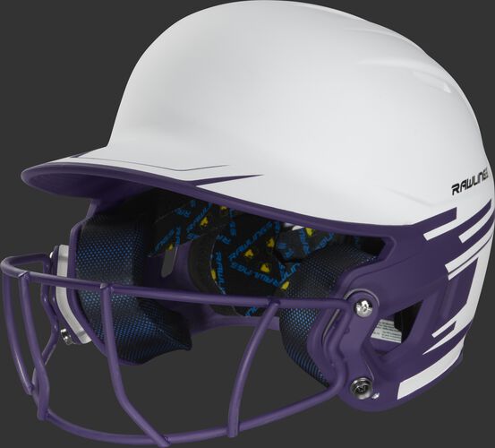 Front left of a white/purple Mach softball helmet with a purple mask - SKU: MSB13S-W/PU