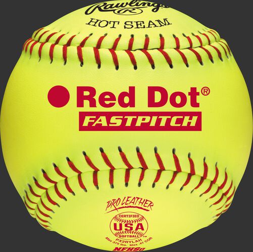 A yellow PX2RYLAH 12-inch USA NFHS official Red Dot softball with red stitching
