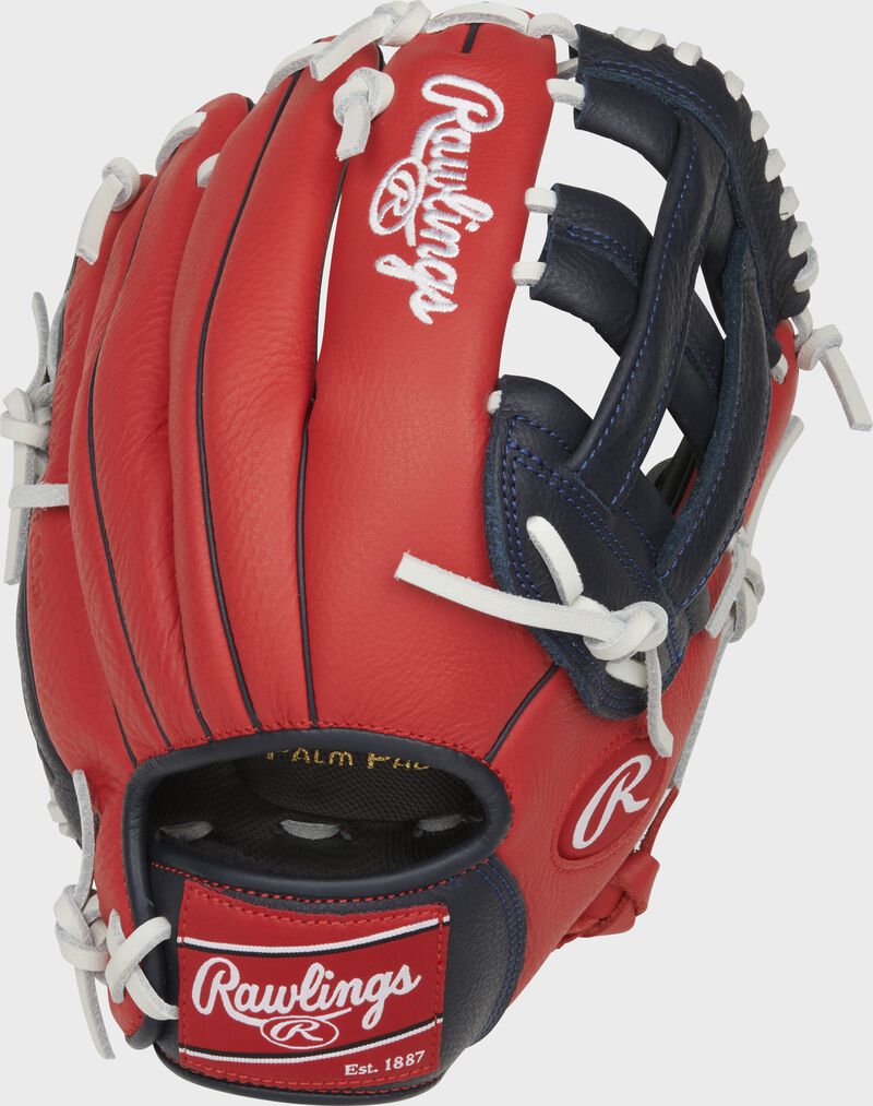 Scarlet back of a Select Pro Lite Ronald Acuna Jr. glove with a red Rawlings patch - SKU: SPL115RA
