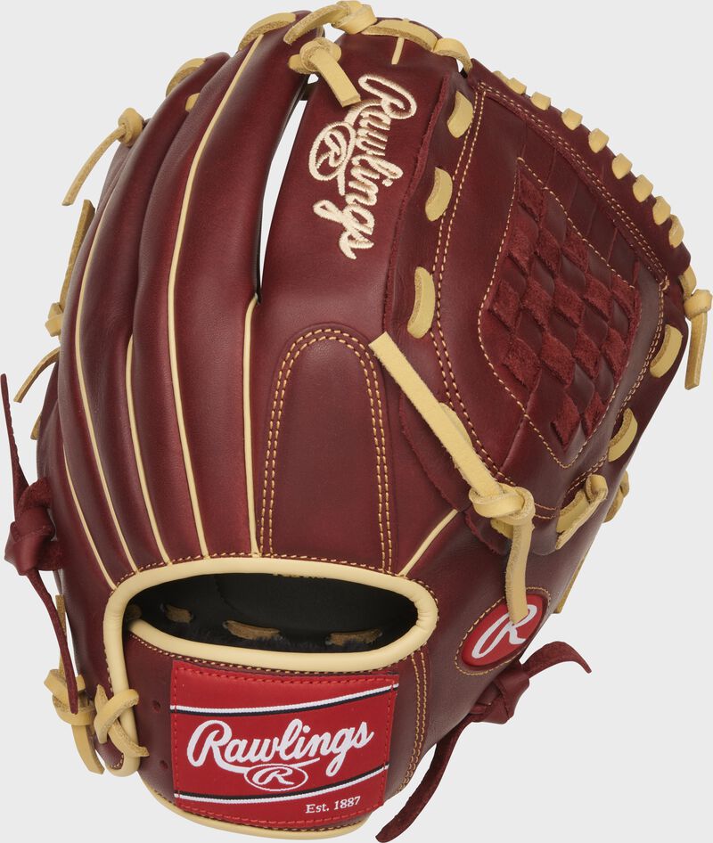 Back of a sherry Sandlot Series 12-Inch basket web glove with a red Rawlings patch - SKU: S1200BSH