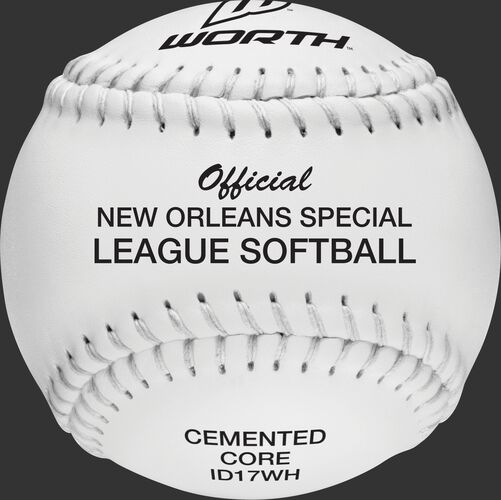 A white W10341 deBEER 17-inch clincher New Orleans Special League softball with white stitching