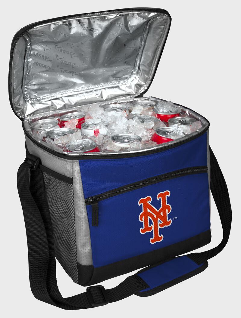 An open New York Mets 24 can cooler with ice and drinks