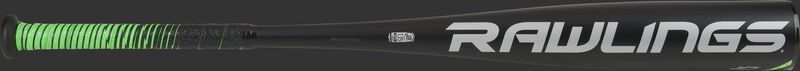 A gray Rawlings logo on the black barrel of a 2021 -10 USSSA 5150 bat with green/black grip - SKU: UT1510