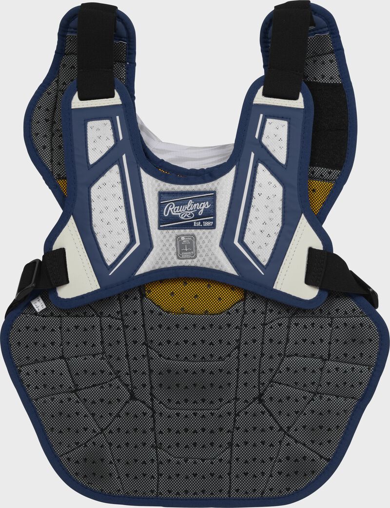 Back of a Velo 2.0 chest protector with a navy/white harness