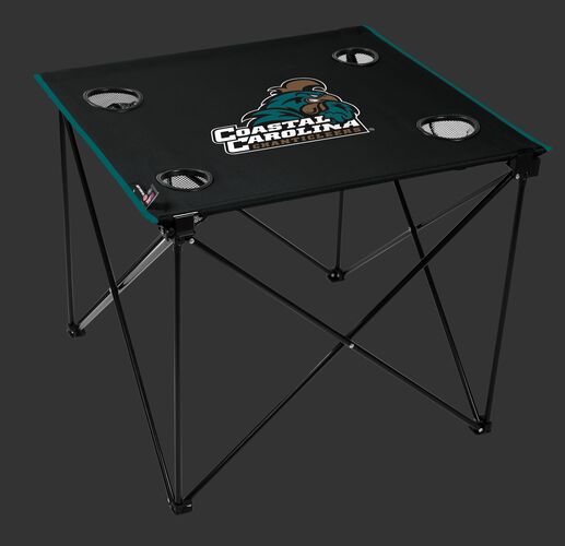 A black NCAA Coastal Carolina Chanticleers deluxe tailgate table with four cup holders and team logo printed in the middle