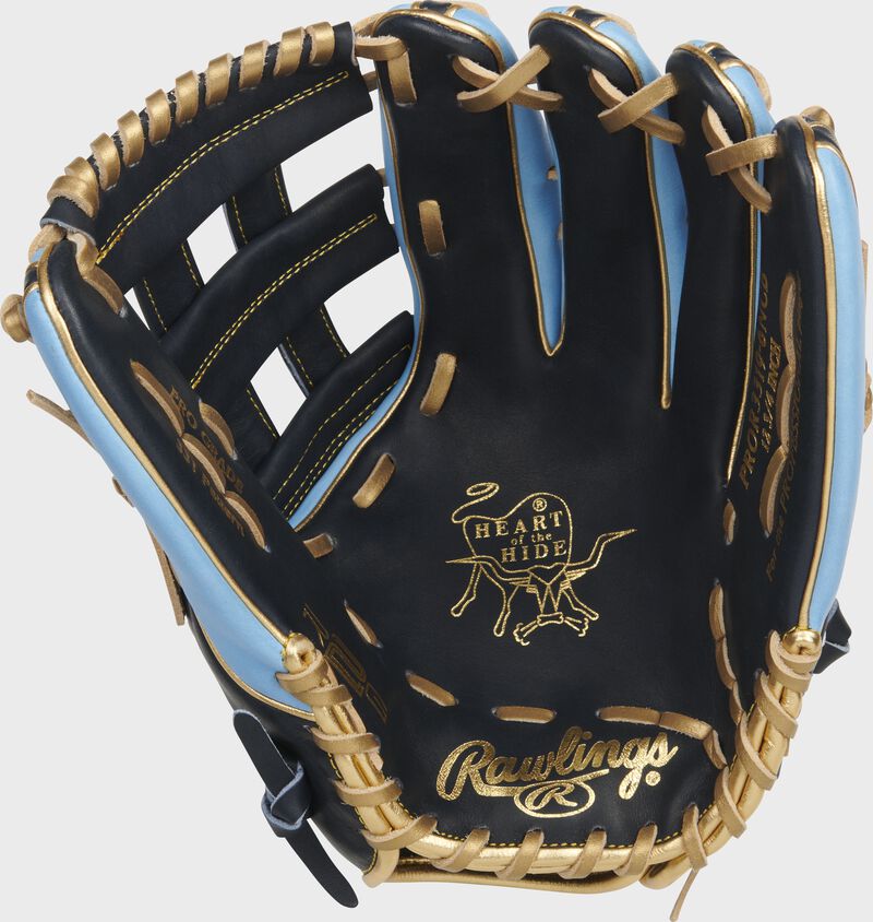 Navy palm of a Rawlings Heart of the Hide R2G outfield glove with gold laces - SKU: PROR3319-6NCB