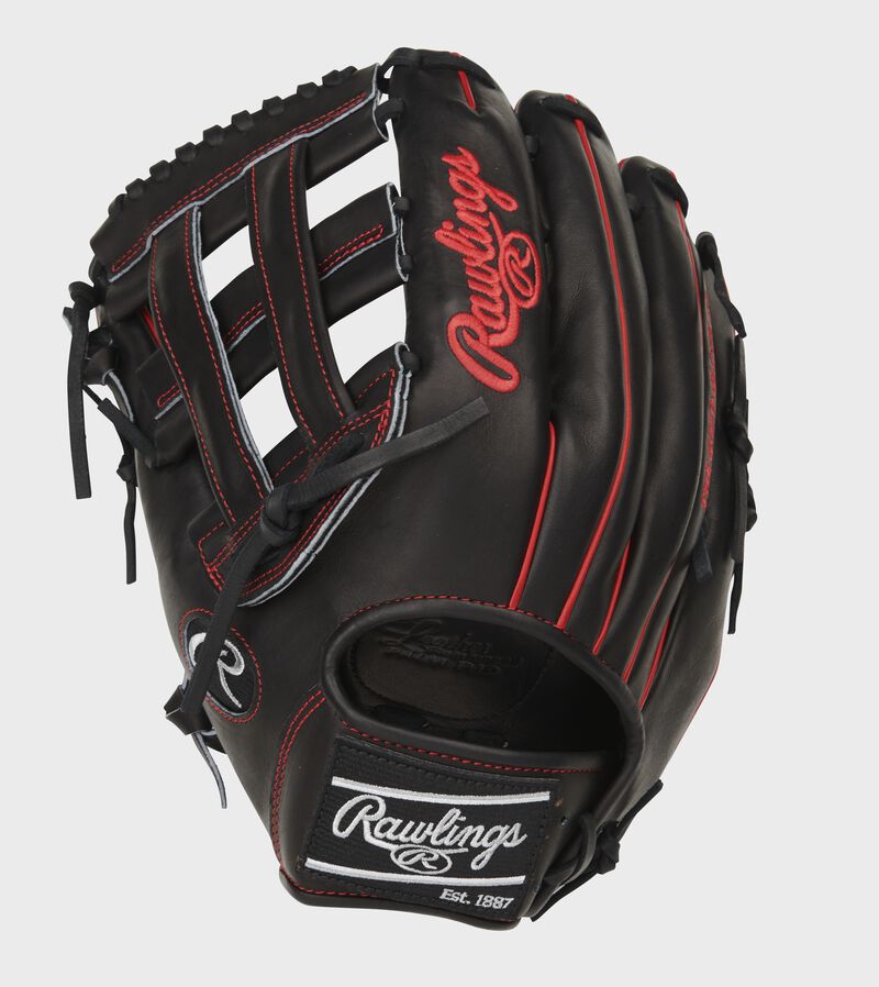 Black back of a Pro Preferred H-web outfield glove with a black Rawlings patch - SKU: PROS3029-6B