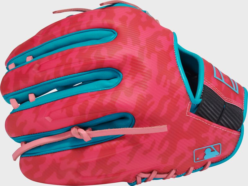Pink back of a Rawlings Electric Unicorn REV1X 11.5" glove with the MLB logo on the pinky