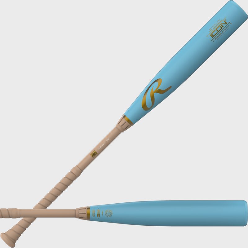 Two images showing both sides of the barrel of a Rawlings Icon Pro Preferred BBCOR baseball bat