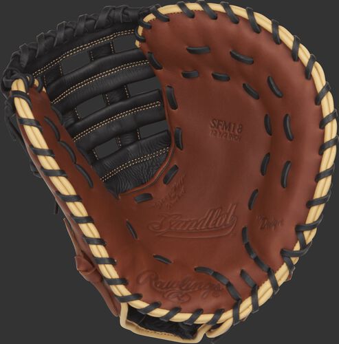 SFM18 12.5-inch Rawlings Sandlot Series mitt with a brown palm, black laces and camel binding