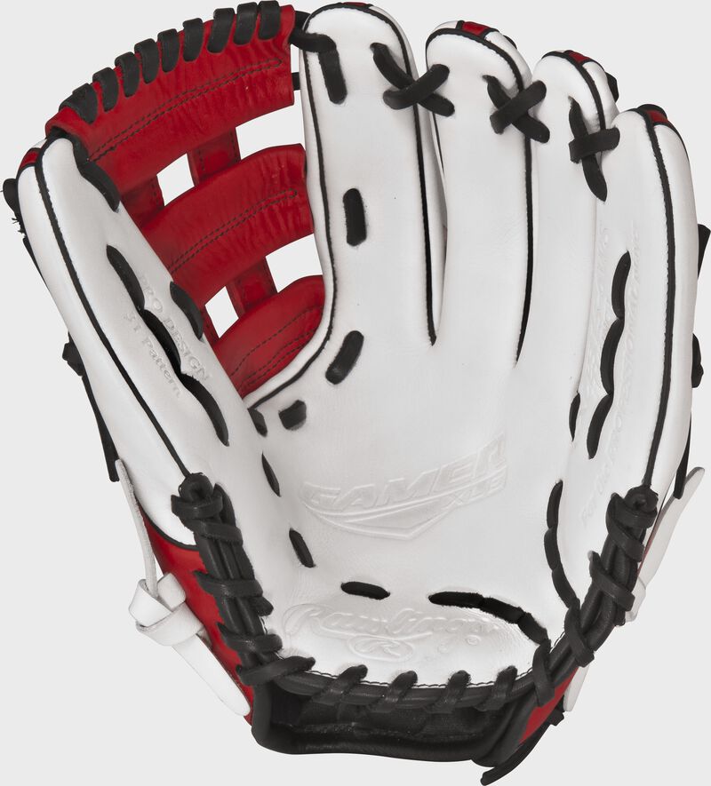 Palm view of a GXLE315-6WS Rawlings 11.75-inch GXLE baseball glove with a white palm and black laces