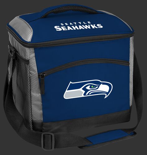 A blue Seattle Seahawks 24 can soft sided cooler with screen printed logos - SKU: 10211085111
