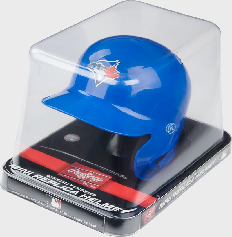A blue Toronto Blue Jays mini replica helmet in a clear packaging case