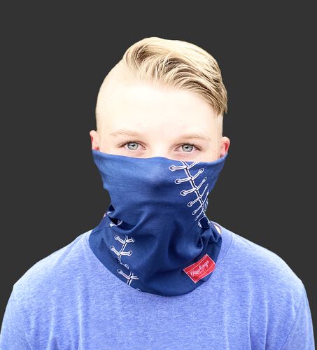 A kid wearing a navy baseball stitch neck gaiter with it covering his mouth and nose - SKU: YRC40001-400