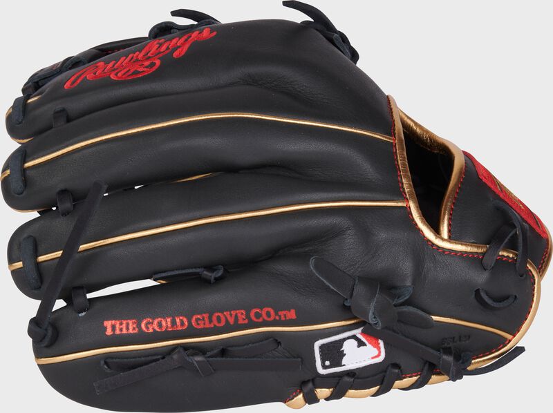 Back of a dark shadow 11.5" NXT Series ContoUR Fit infield glove with the MLB logo on the pinky