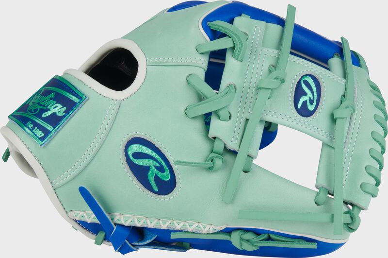 Mint thumb of a Rawlings Pro Preferred 11.5-Inch Wing Tip Infield Glove with a royal Oval-R and mint I-web