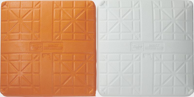 Top of an orange/white Rawlings Hollywood Impact double first base - SKU: HIDB
