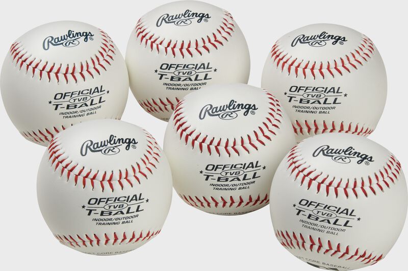 6 youth league training t-balls with blue stamping and red stitching - SKU: RSGTVBPK6