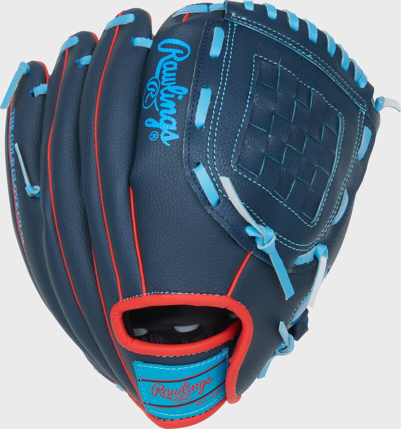 Back of a navy Rawlings Flex Palm Series 11-Inch Youth Baseball Glove with a Columbia blue Rawlings patch loading=