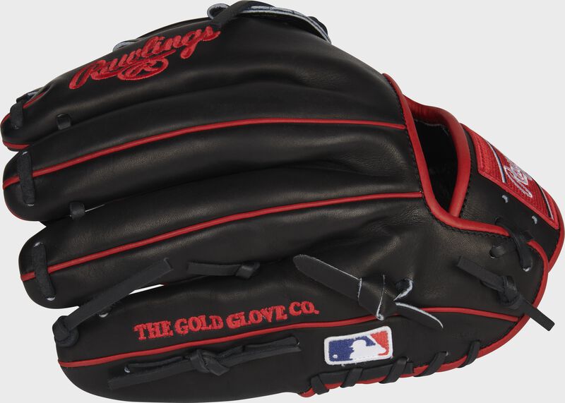 Black back of a Heart of the Hide Isiah Kiner-Falefa infield glove with the MLB logo on the pinky - SKU: RSGPRO205-IKF9
