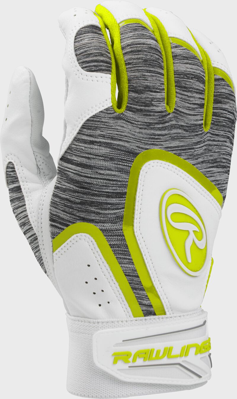 White 5150WBG-OY Adult 5150 batting gloves with heather grey back and optic yellow trim