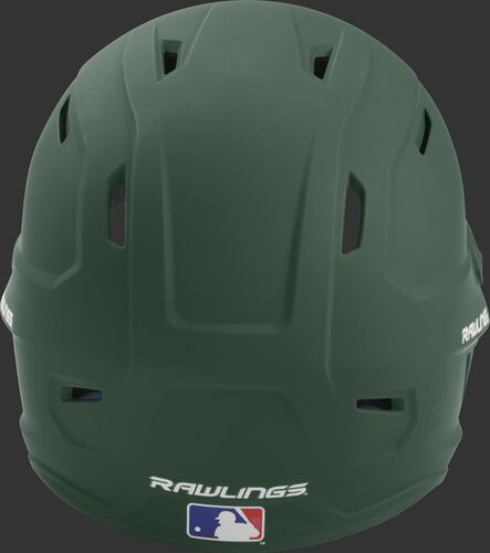 Back of a dark green MACH high performance senior helmet with the Official Batting Helmet of MLB logo
