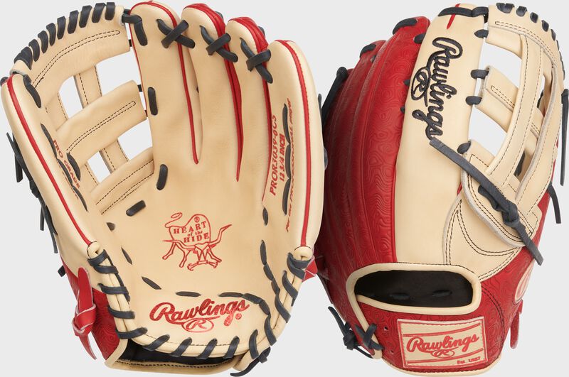 Two images showing the palm & back of a camel/scarlet Rawlings Heart of the Hide 12.75-Inch Outfield Glove