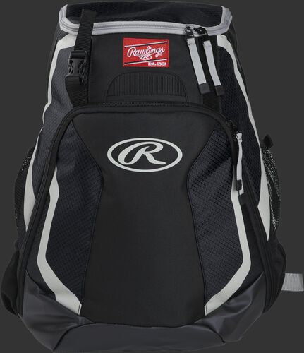 Front of a black R500 Rawlings Players team backpack with a Rawlings patch and white Oval R