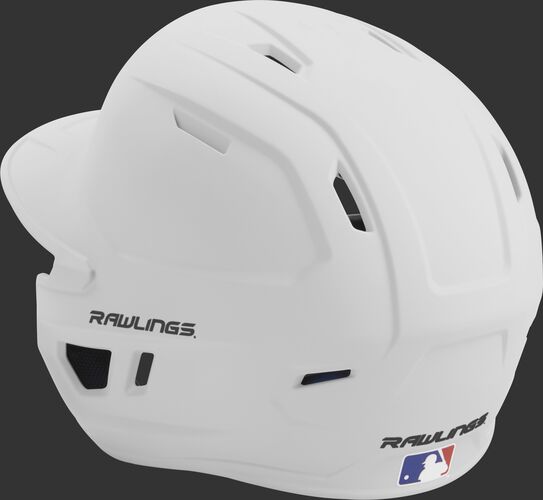 Back left view of a matte white MACH series batting helmet with air vents