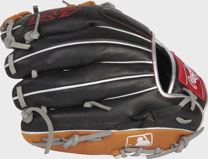 Back of a black/tan R9 ContoUR 11.25" infield glove with the MLB logo on the pinky - SKU: R9125U-2BT