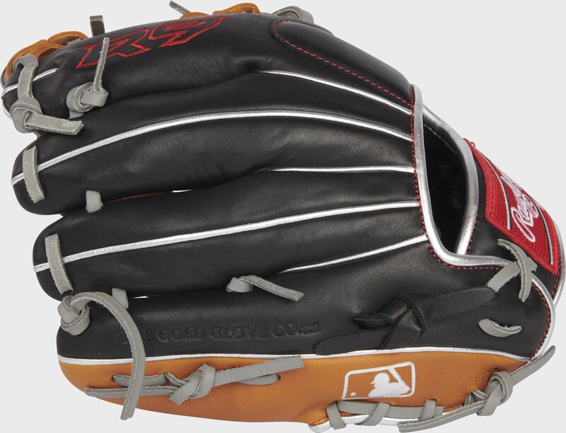 Back of a black/tan R9 ContoUR 11.25" infield glove with the MLB logo on the pinky - SKU: R9125U-2BT loading=