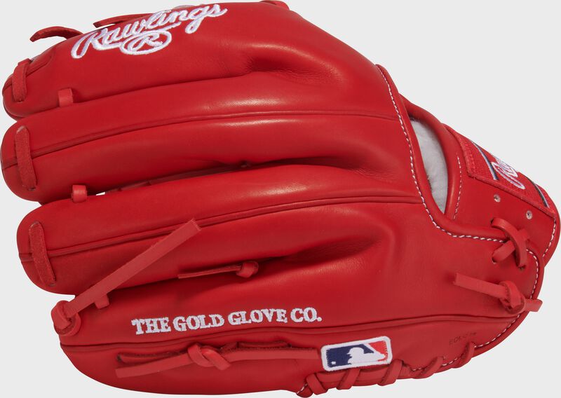 Scarlet back of a Gameday 57 Series Andrés Giménez Pro Preferred Glove with the MLB logo on the pinky