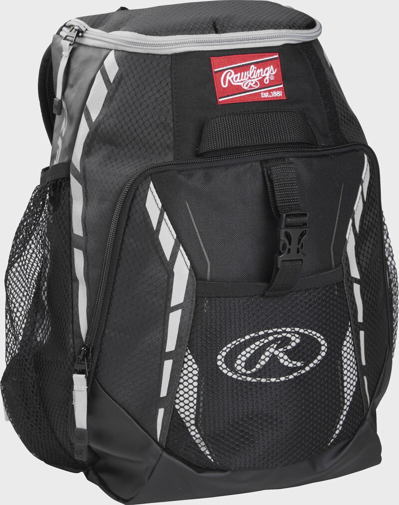 Front left view of a Black Rawlings Youth Players Team Backpack | SKU:R400-B loading=