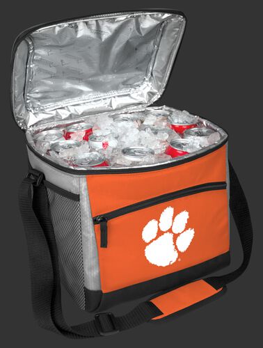 An open Clemson Tigers 24 can cooler filled with ice and drinks - SKU: 10223010111