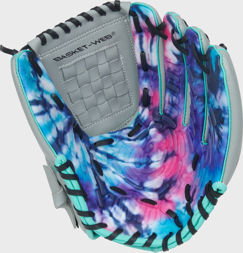 Tie dye palm of a Rawlings Flex Palm Series 11-inch Youth Softball Glove