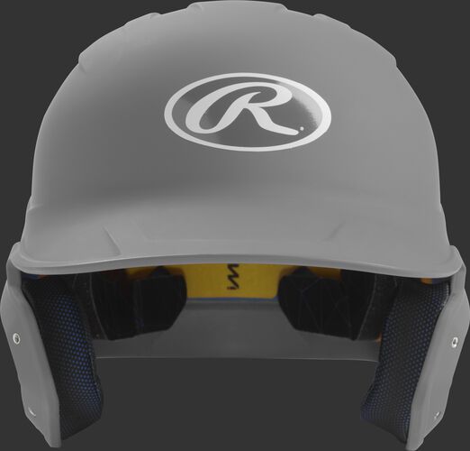 Front of a matte silver MACH junior size batting helmet