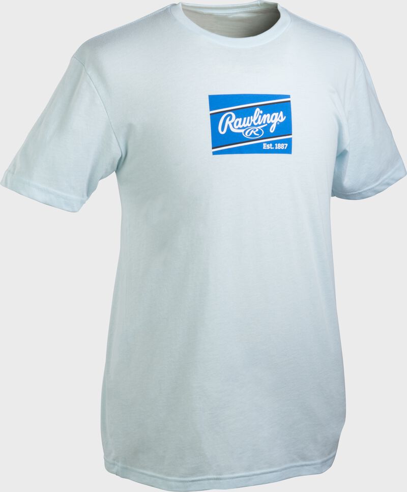 An light blue Rawlings ColorSync patch short sleeve shirt with a royal/white patch on the chest loading=