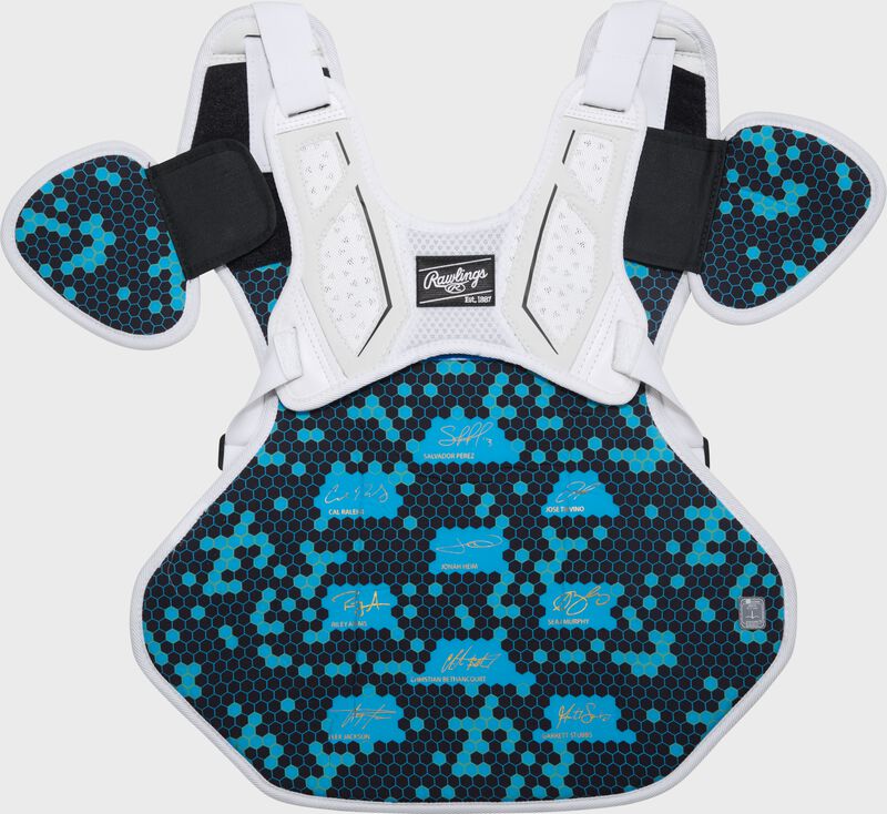 Back of a white Rawlings Mach Pro Series chest protector loading=