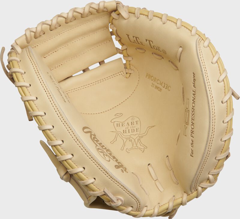 Camel palm of a Rawlings Heart of the Hide R2G catcher's mitt with camel laces - SKU: RSGPRORCM33C